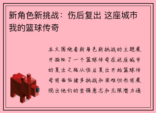 新角色新挑战：伤后复出 这座城市 我的篮球传奇